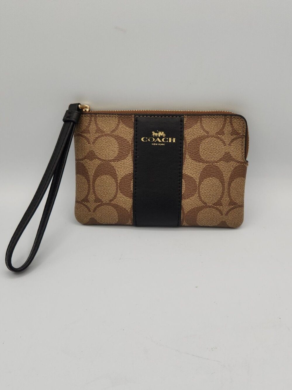 Coach Brown Signature Canvas Black Leather Stripe Corner Zip Wristlet Wallet